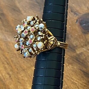 VTG Florenza Burtalist style gold tone rhinestone cluster ring. Adjustable.